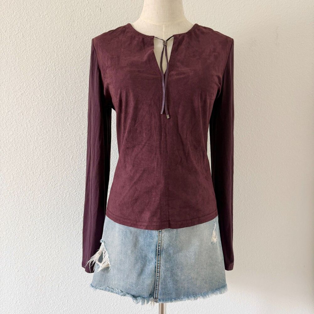 90s Burgundy Faux Suede Long Sleeve Blouse w/ Front Tie Detailing Boho Peasant